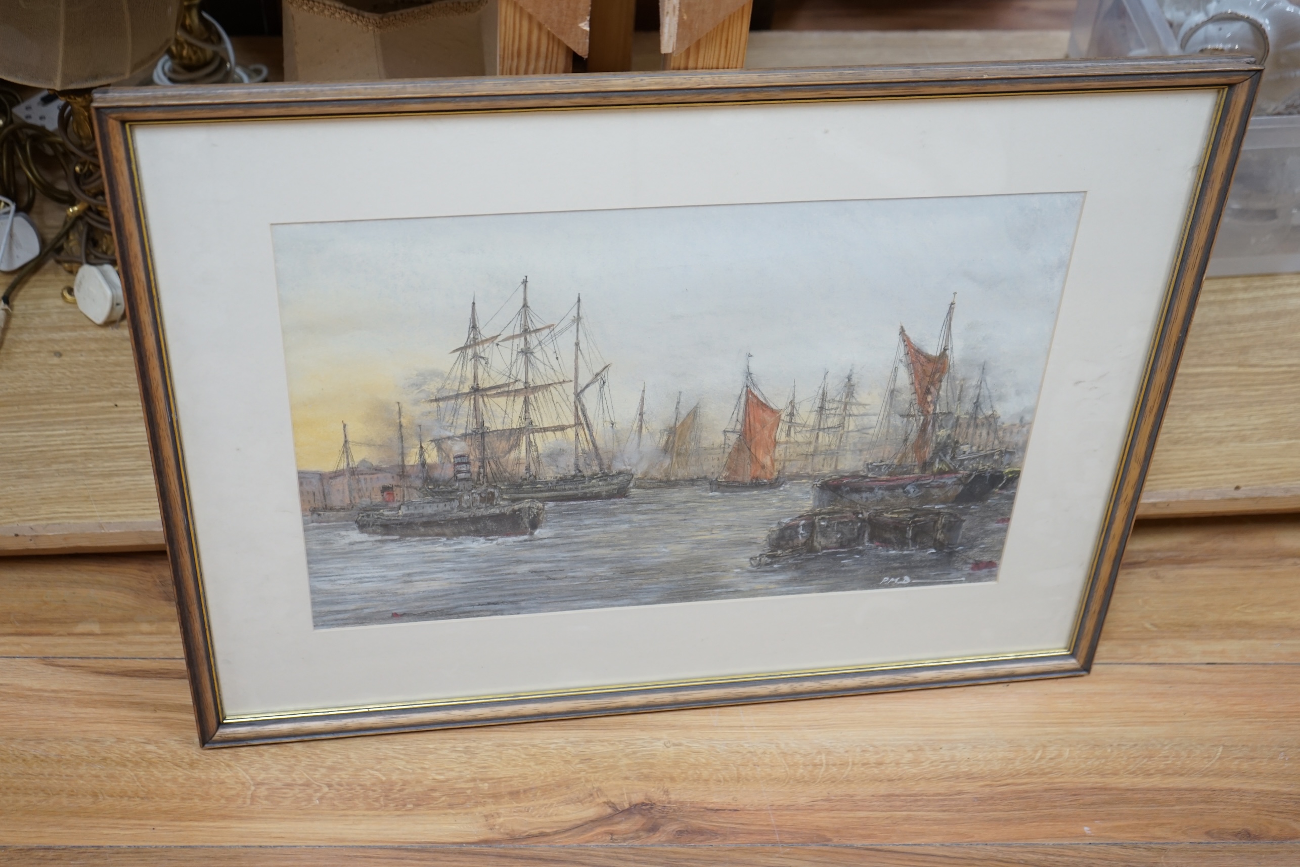 PMD, pastel, Harbour scene with barges and tallships, monogrammed, 34 x 52cm. Condition - fair to good